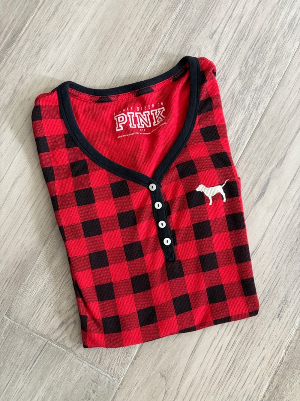 PINK Red & Black Buffalo Plaid Henley Top